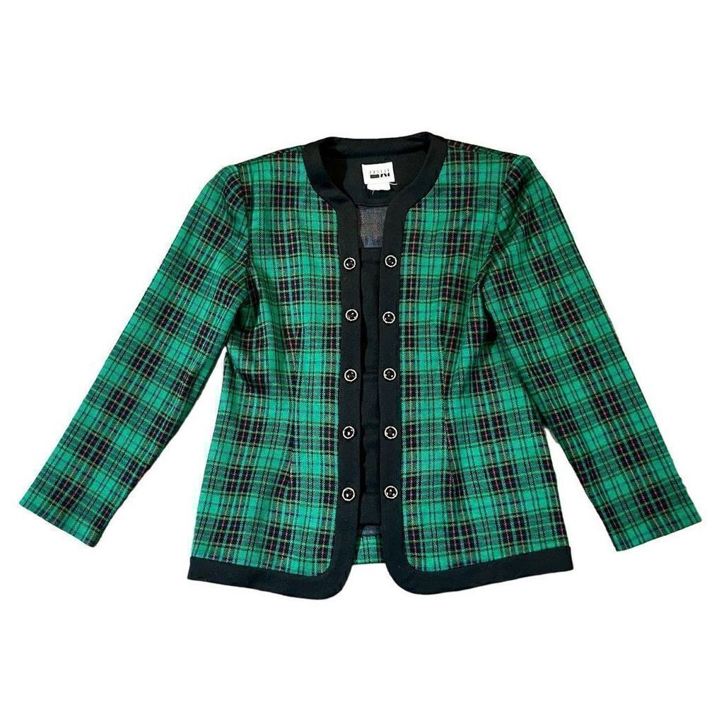 Leslie Fay Green Red Blue Black Plaid Holiday Blazer Size 8